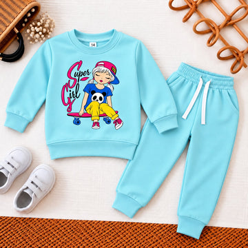 Aqua Fleece Super Girl Sweatsuit | Trendy Girl Power Toddler Outfit