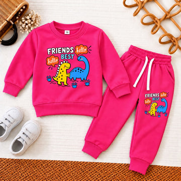 Hot Pink Fleece Dinosaur Friends Sweatsuit | Playful Best Friends Toddler Outfit