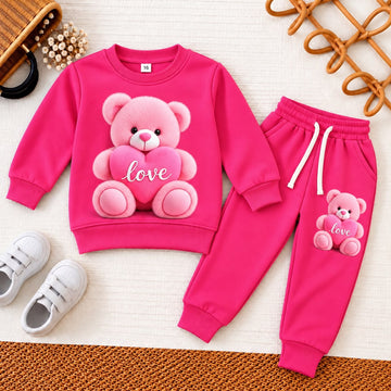 Vibrant Pink Fleece Teddy Love Set | Kids Sweatshirt & Joggers with Bear