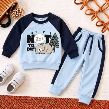 Light Blue & Navy Fleece Sleeping Bear Sweatsuit | Humorous Toddler Outfit