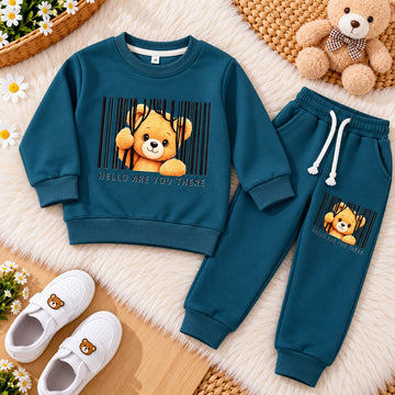 Kids "Hello Are You There" Bear Fleece Tracksuit – Teal Blue