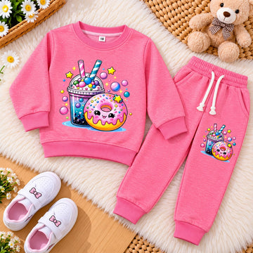 Kids Kawaii Boba & Donut Fleece Tracksuit – Bubblegum Pink