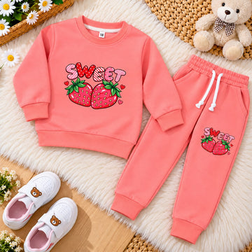 Kids "Sweet" Strawberry Fleece Tracksuit – Coral Peach
