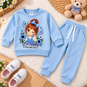 Kids "Be Happy" Floral Fleece Tracksuit – Sky Blue