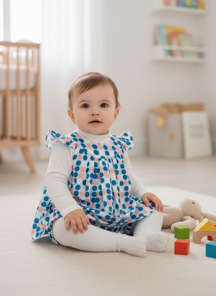 5 pc set White Blue Pink Polka Dot Baby Dress Set with Bloomers HiNeck & Tights - 5pcs