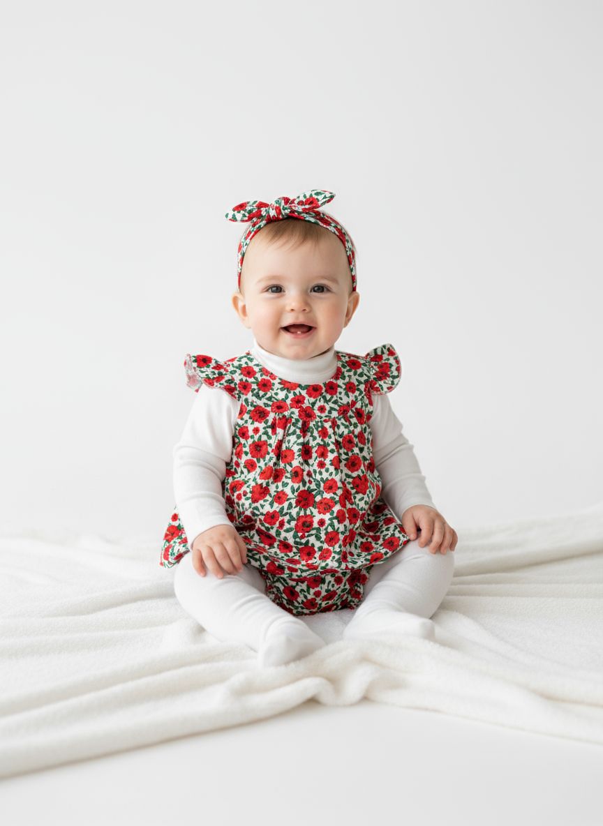 5 pc set Red Rose with Green Leaves Dress Set with Bloomers