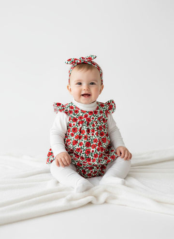 5 pc set Red Rose with Green Leaves Dress Set with Bloomers