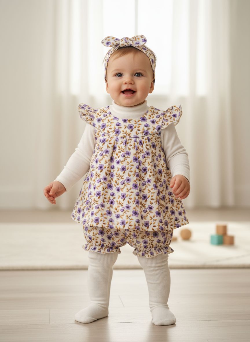 5 pc set Yellow with Purple Flower Dress Set with Bloomers