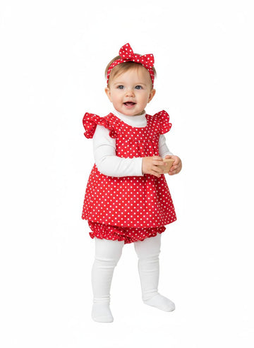 5 pc set Red & White Dots Dress Set with Bloomers
