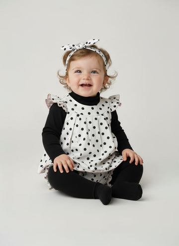 5 pc set White & Black Small Polka Dress Set with Bloomers
