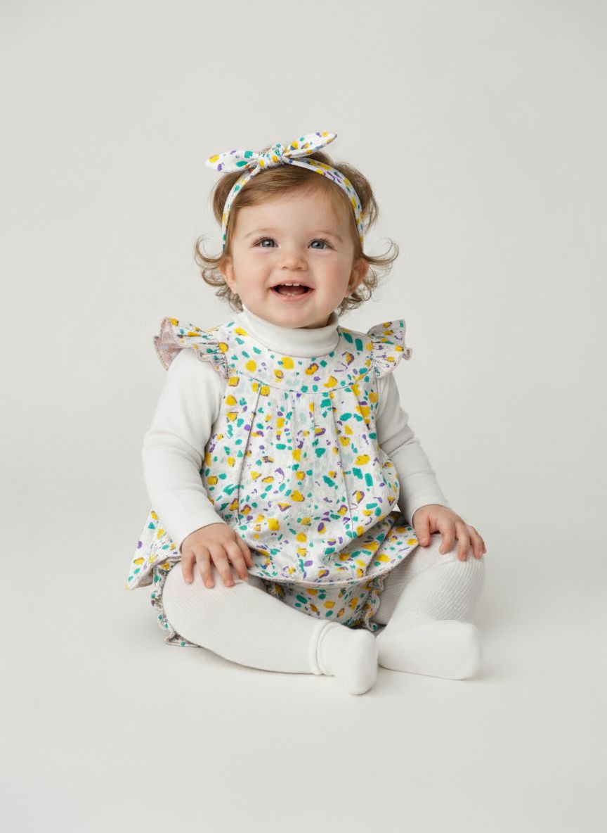 5 pc set White Abstract Baby Dress and Bloomer