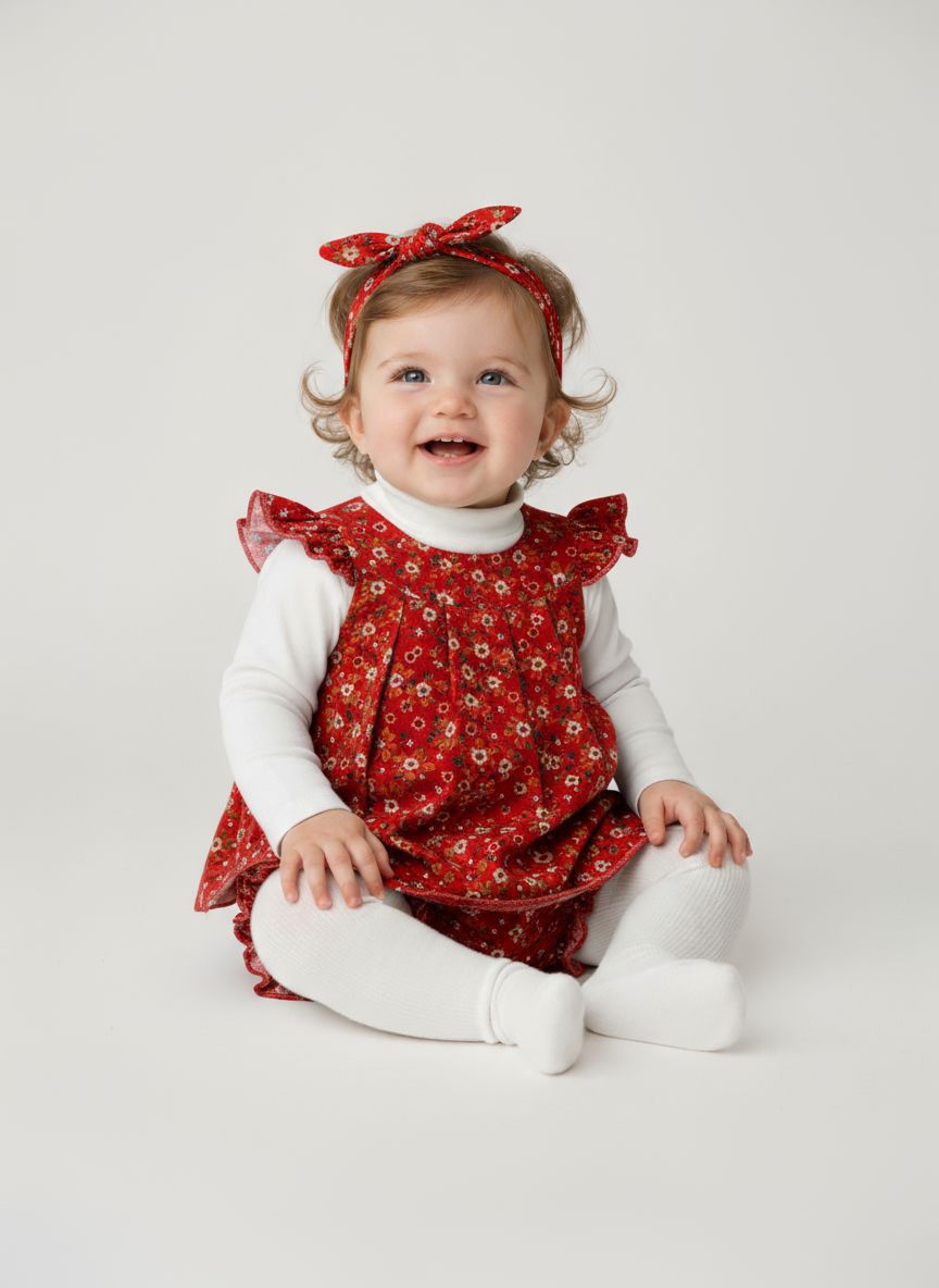 5 pc set Red Floral Baby Dress and Bloomer