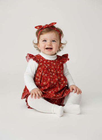 5 pc set Red Floral Baby Dress and Bloomer