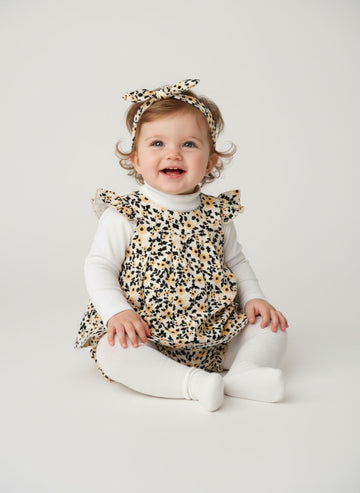 5 pc set vory Black Yellow Floral Baby Dress Set with Bloomers