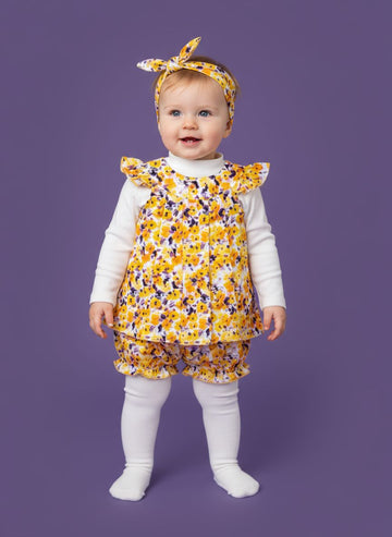 Yellow Floral Infant Outfit with White Purple Headband