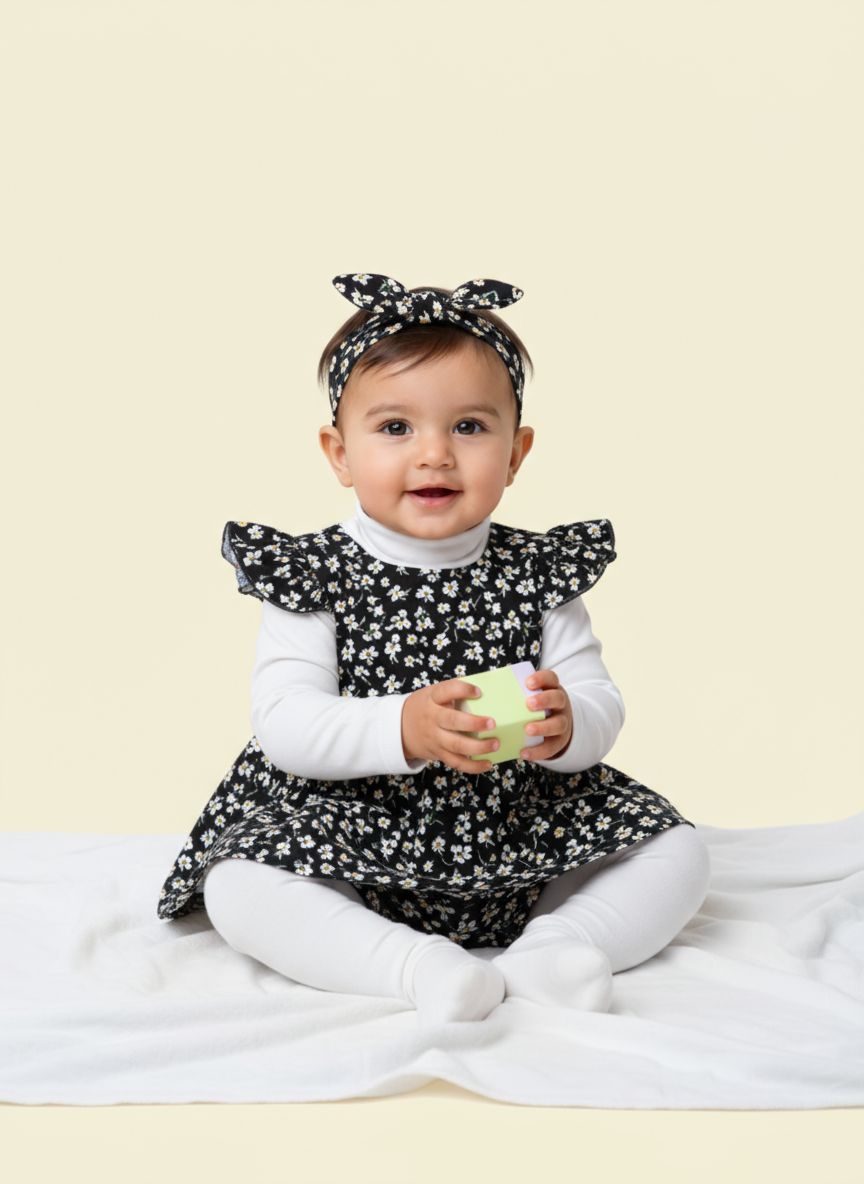 5 pc set Navy Blue Baby Dress Set – Floral Frock + Short+ Hairband