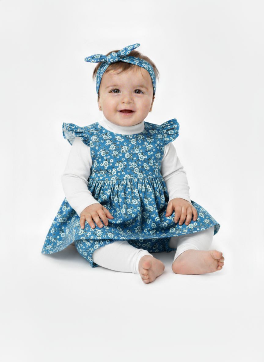 5 pc set Stunning Blue Floral Dress & Bloomers Set - Lovely Kid Elegance!