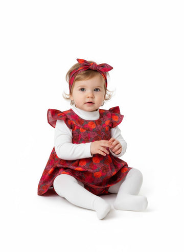 5 pc set Bold Red Floral Dress & Bloomers Set - Vibrant Kid Couture!