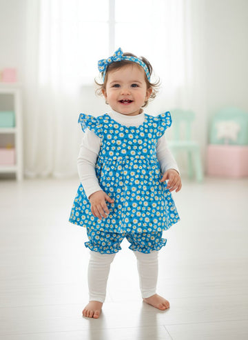 5 pc set Cheerful Blue Daisy Dress & Bloomers Set - Cute Kid Fashion!