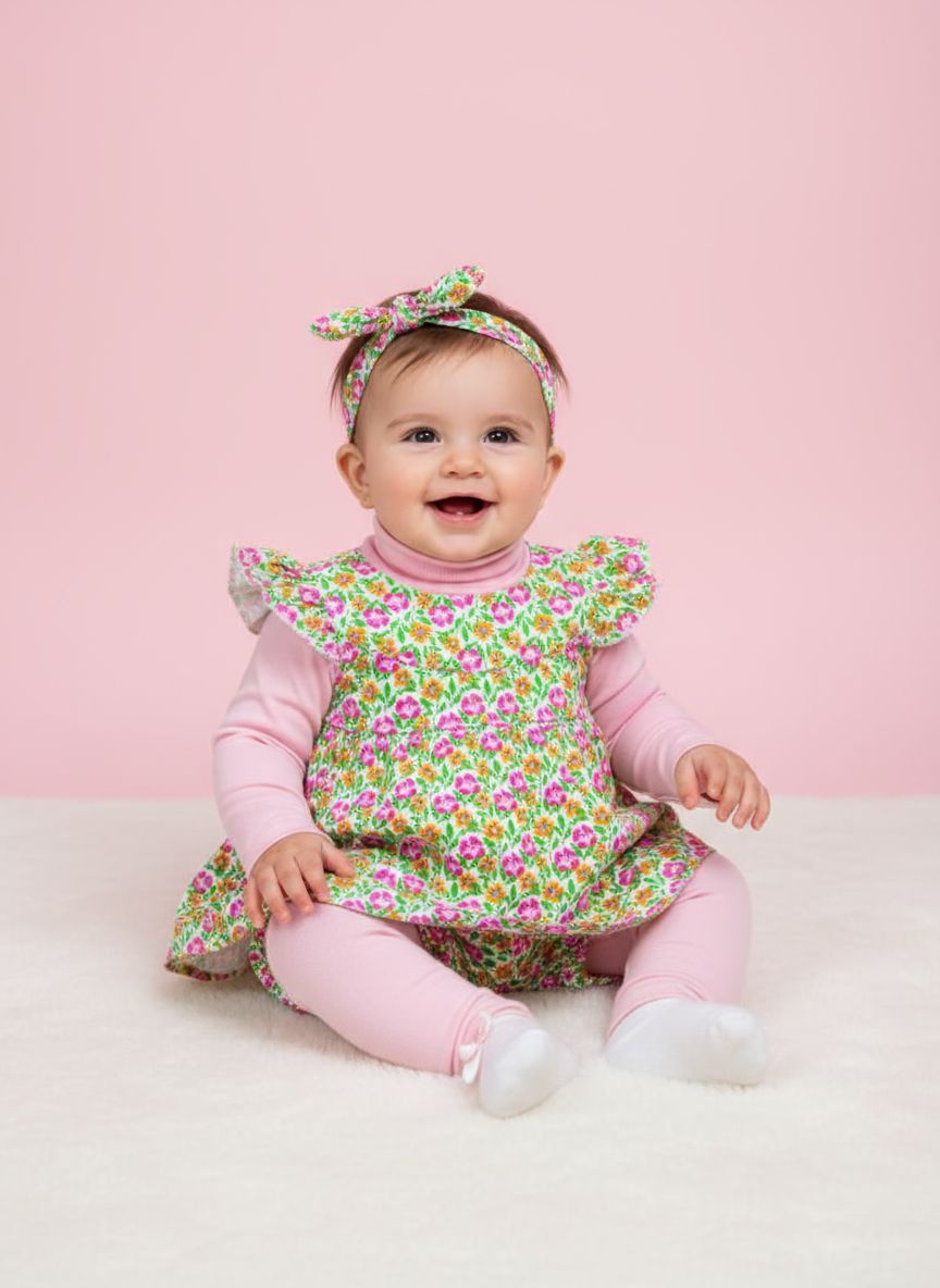 5 pc set Vibrant Floral Kids' Dress & Bloomers Set - Perfect Playtime Style!