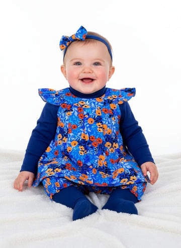 5 pc set Vibrant Blue Floral Dress & Bloomers Set - Playful Kid Charm!