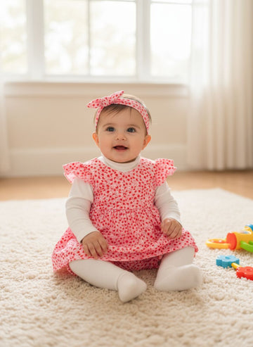 5 pc set Baby Girl Light Pink Floral Frock Set – Dress, Shorts & Hairband