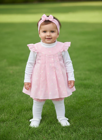 5 pc set Infant Pink Gingham Daisy Dress Set with Bloomers and Headband