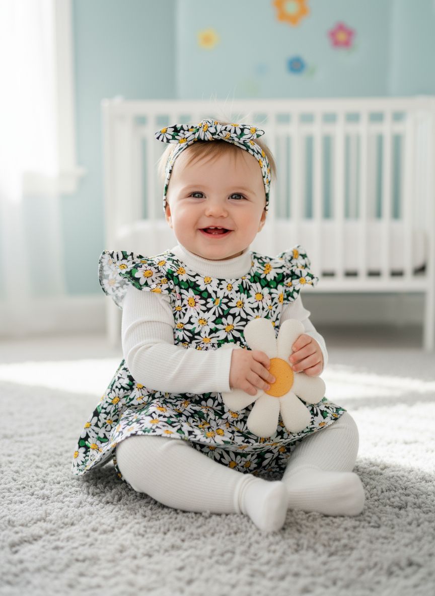 5 pc set Dark Green White Yellow Daisy Baby Dress Set with Bloomers