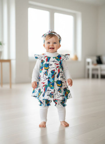 5 pc set White Multicolor Abstract Baby Dress Set with Bloomers