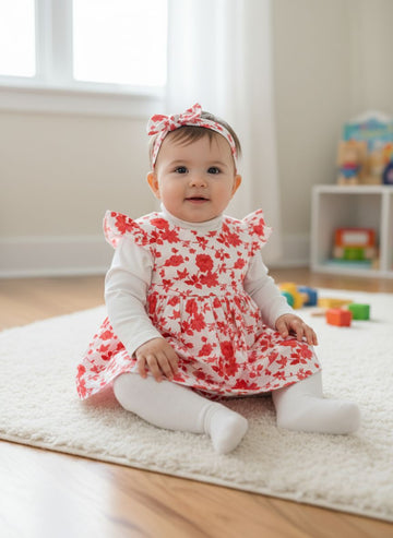 5 pc set Fawn with Red Roses Dress Set with Bloomers