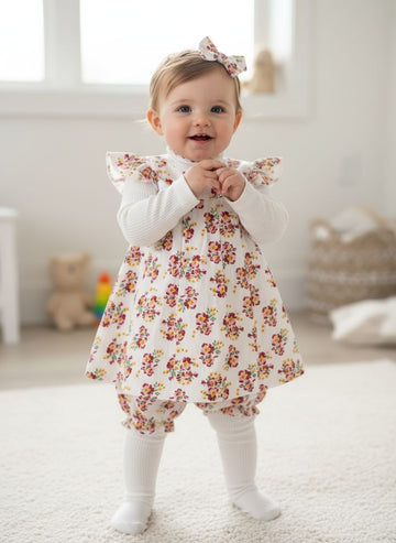 5 pc set Sweet White Floral Dress & Bloomers Set - Charming Kid Elegance!