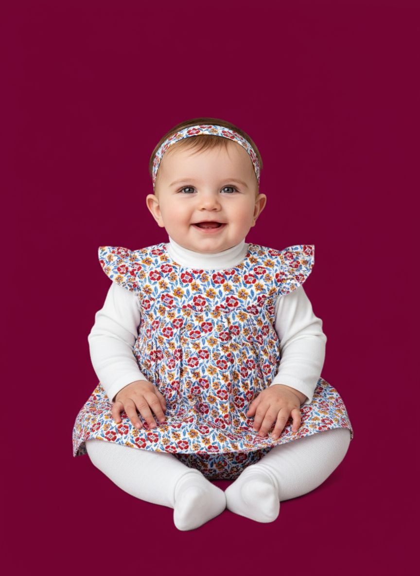 5 pc set Cotton Baby Frock with Short & Hairband Multy