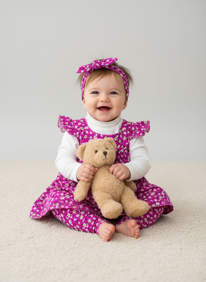 5 pc set Vibrant Pink Floral Dress & Bloomers Set - Playful Kid Bliss Malai Fabric