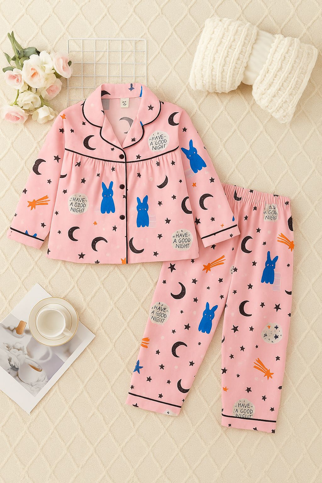 Girls Pink Bunny Night Suit – “Have a Good Night” Print
