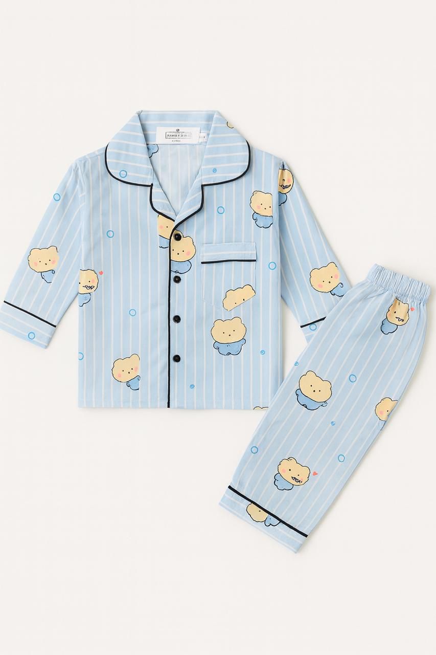 Blue Striped Bear Pajama Set for Boys – Cozy Nightwear