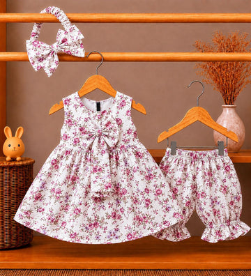 Lawn Fabric Vintage Rose Baby Dress, Bloomers & Headband Set – Pink
