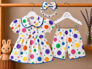 Lawn Fabric Rainbow Polka Dot Baby Dress with Peter Pan Collar, Shorts & Bow Headband