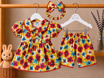 Lawn Fabric Bright Floral Baby Dress with Peter Pan Collar, Shorts & Bow Headband