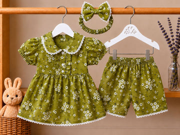Lawn Fabric Daisy Meadow 3-Piece Baby Girl Set – Green