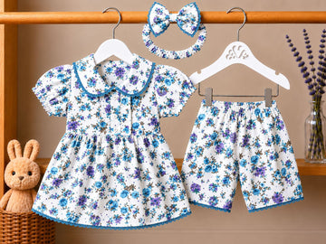 Lawn Fabric Blue Ditsy Rose Baby Dress with Peter Pan Collar, Shorts & Bow Headband