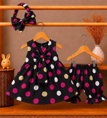 Lawn Fabric Pink & Gold Polka Dot Baby Dress, Bloomers & Headband Set