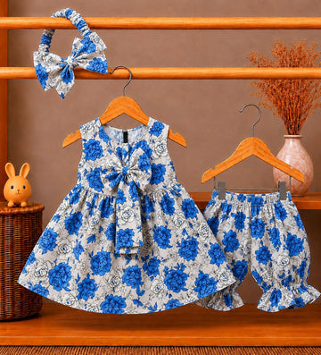 Lawn Fabric Girls Sleeveless Floral Dress Set – Dress, Ruffle Shorts & Bow Headband