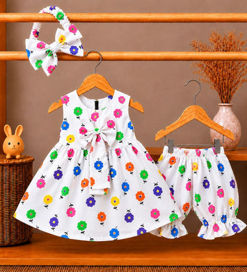 Lawn Fabric Colorful Ditsy Floral Baby Dress, Bloomers & Headband Set