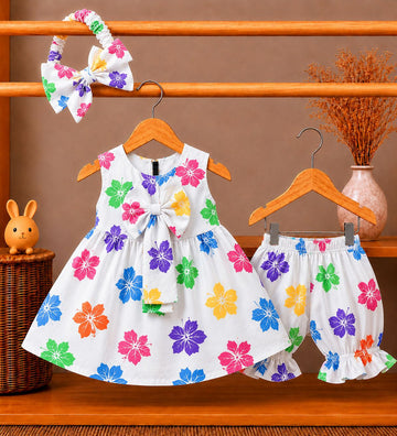 Lawn Fabric Rainbow Hibiscus Baby Dress, Bloomers & Headband Set