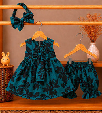 Lawn Fabric Emerald & Black Floral Baby Dress, Bloomers & Headband Set