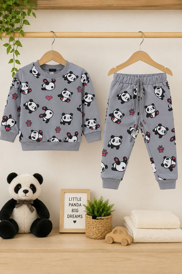 Little Panda Grey Fleece Set™ – Kids Sweatshirt & Jogger Outfit