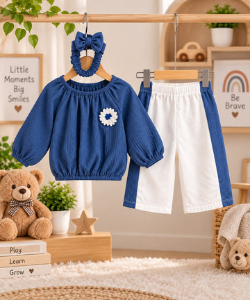 Royal Blue Popcorn Fabric Girls’ 2-Piece Set with Headband