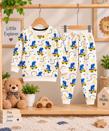 Cute Blue Dinosaur Car Print Sweatshirt & Jogger Set