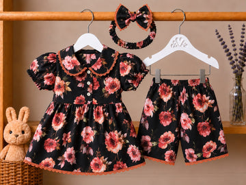 Rosette Bloom Baby Girl Outfit – Dress + Shorts + Headband