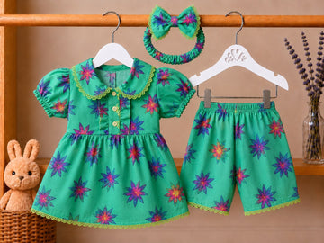 Emerald Petals Baby Girl Outfit – Dress + Shorts + Headband